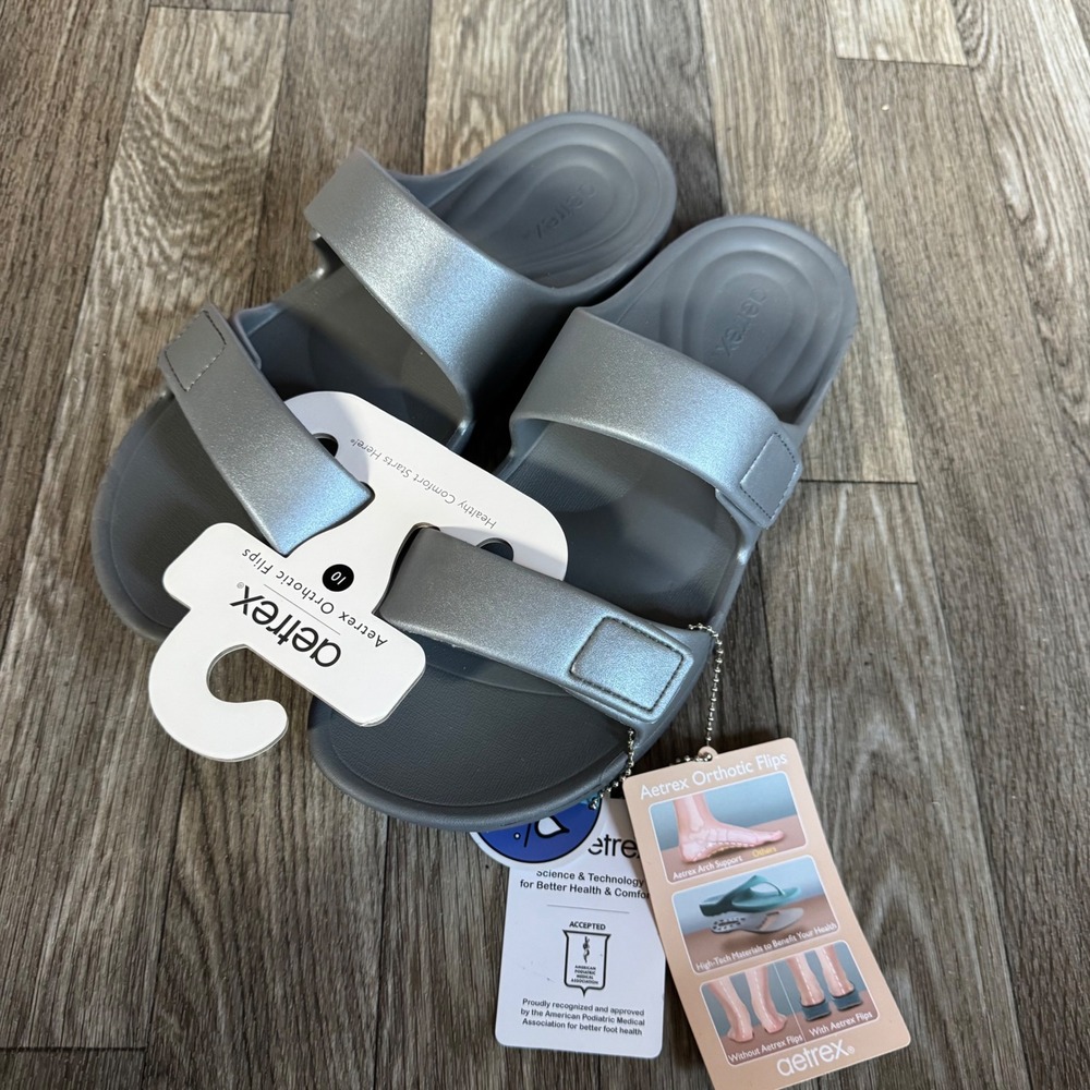 Aetrex Kaia Slide Sandals Womens 10 Pewter Metallic Orthotic Arch Support New